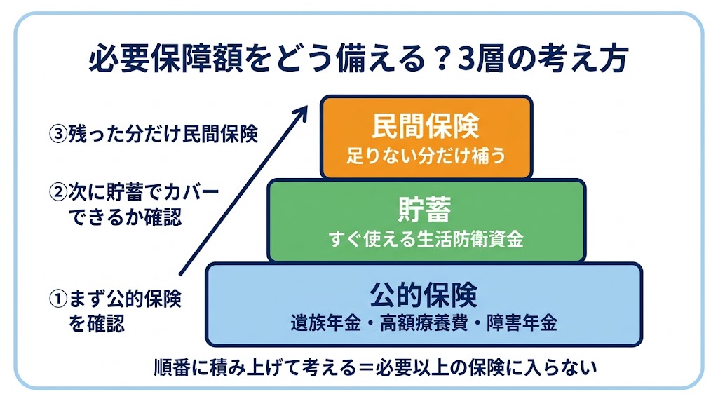 公的保険・貯蓄・民間保険の3層構造図:必要保障額をどう備えるか