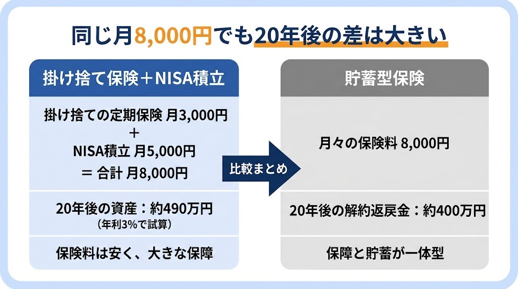 掛け捨て＋NISA vs 貯蓄型保険 試算比較表
