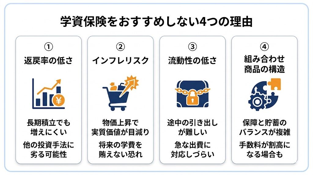 学資保険をおすすめしない4つの理由｜返戻率・インフレ・流動性・組み合わせ構造の俯瞰図