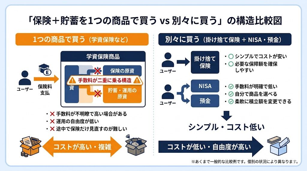 組み合わせ商品の構造図｜「保険＋貯蓄」を1つで買う vs 別々に買う