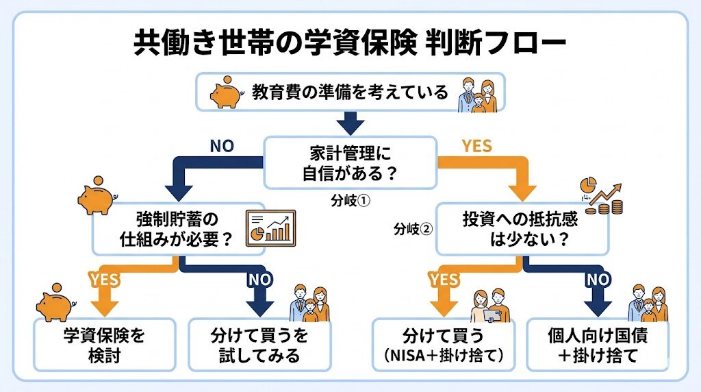 共働き世帯のための学資保険・NISA判断フロー図