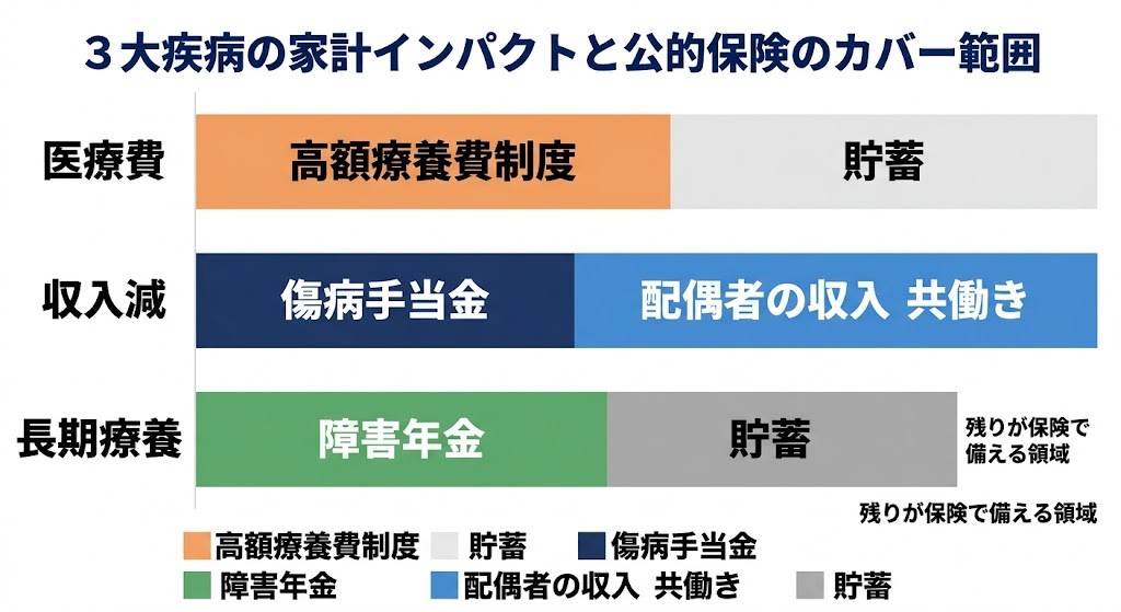 3大疾病の家計インパクトと公的保険のカバー範囲