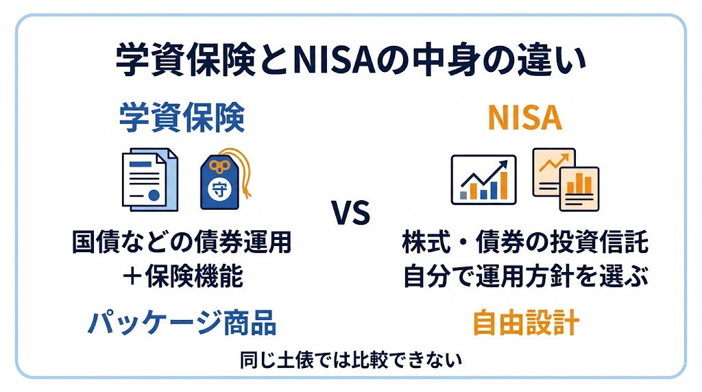 学資保険とNISAの中身の違い｜国債運用＋保険機能 vs 株式・債券の投資信託