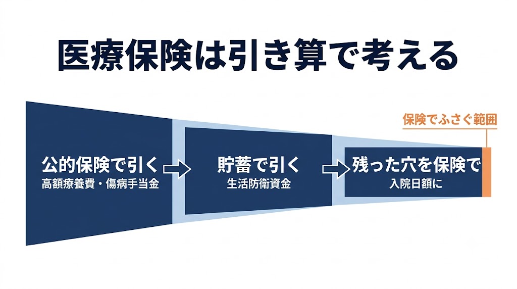 公的保険で引く→貯蓄で引く→残りを保険で、という引き算の流れを示した図解