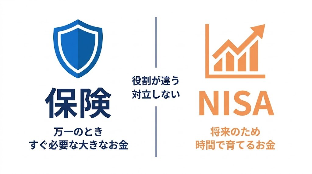 保険とNISAの役割分担図：保険は万一のときすぐ必要な大きなお金、NISAは将来のため時間で育てるお金