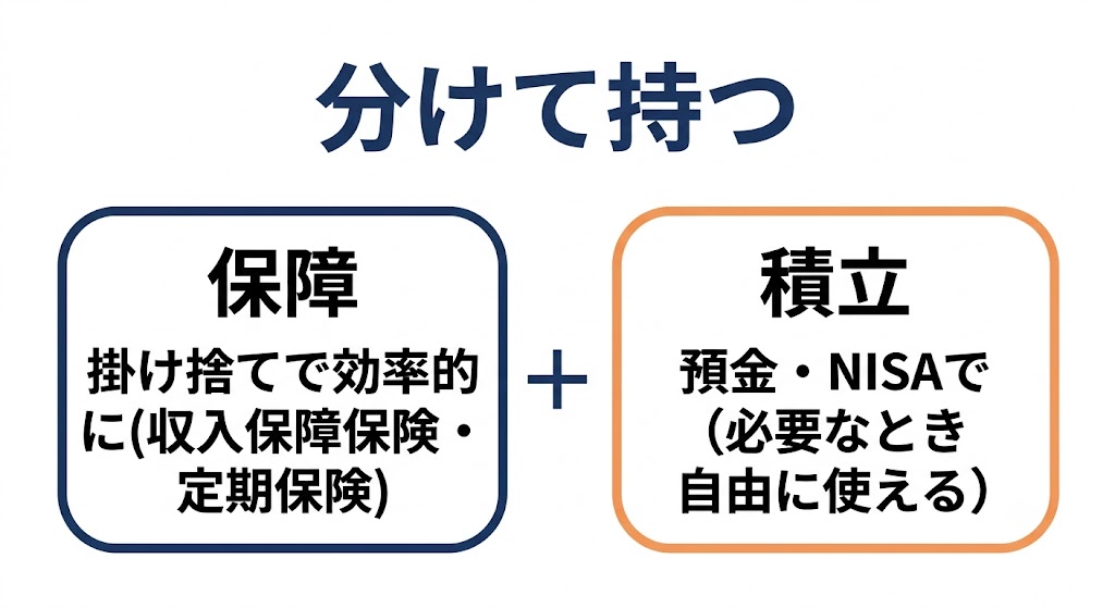 保障は掛け捨ての収入保障保険や定期保険で、積立は預金とNISAで分けて持つコアフレームの図