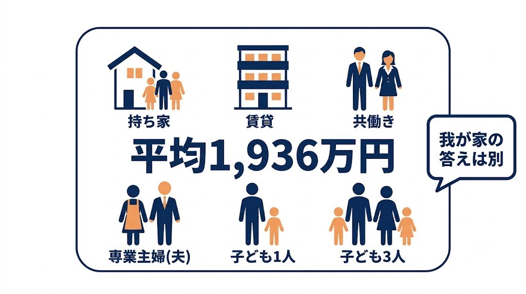 平均1,936万円には持ち家も賃貸も専業主婦世帯も共働きも混ざっているため我が家の答えにはならないことを示した図解