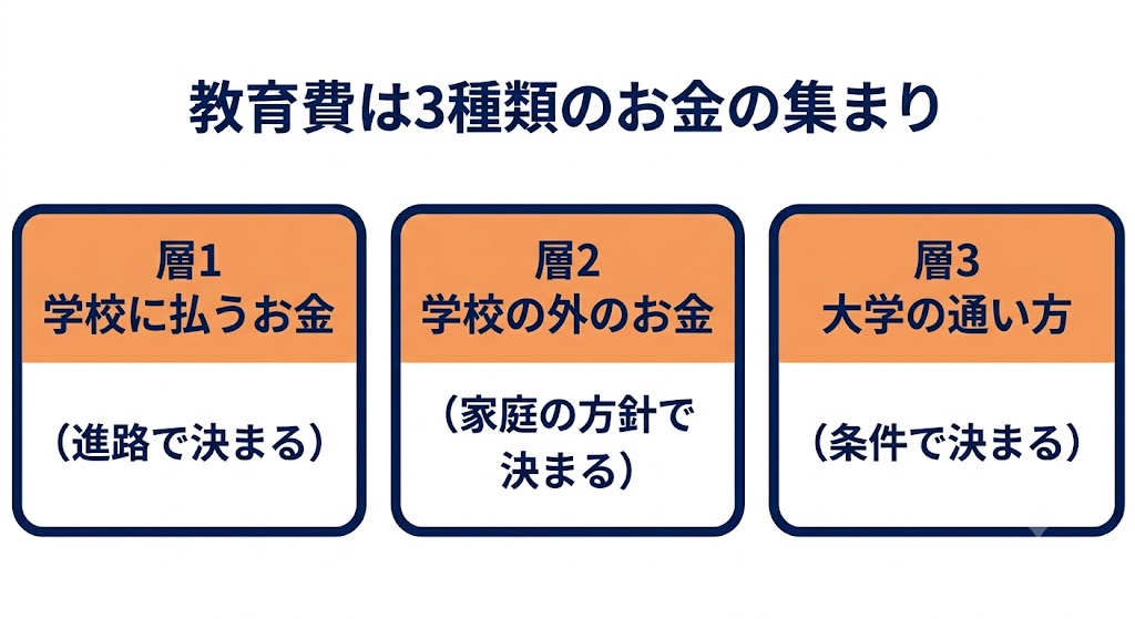 教育費の3層構造：層1は学校に払うお金（進路で決まる）、層2は学校の外のお金（家庭の方針で決まる）、層3は大学の通い方（条件で決まる）