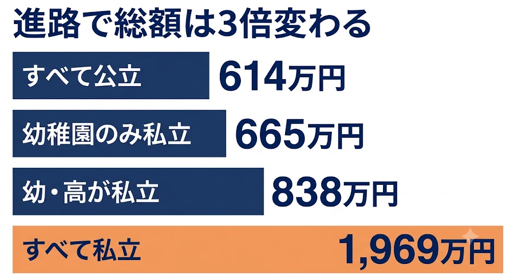 進路の分岐で幼稚園から高校までの総額がどう変わるか：すべて公立614万円からすべて私立1,969万円まで