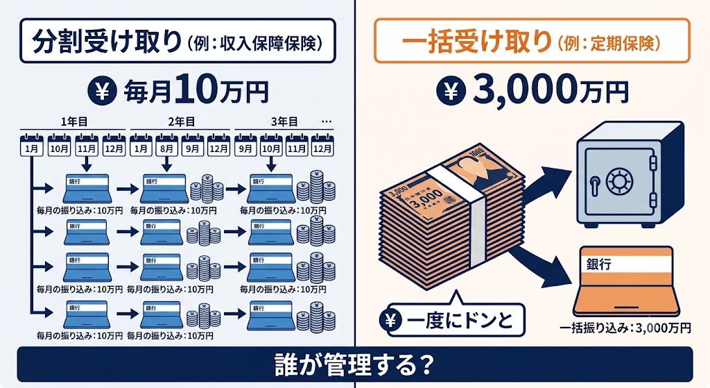 毎月10万円ずつ受け取る収入保障保険と一括3,000万円の定期保険 受け取り方の違い