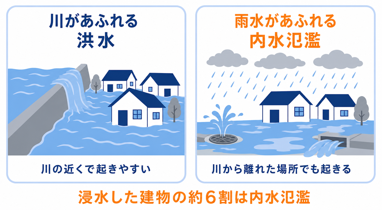 図解:川があふれる洪水と、雨水があふれる内水氾濫の違い
